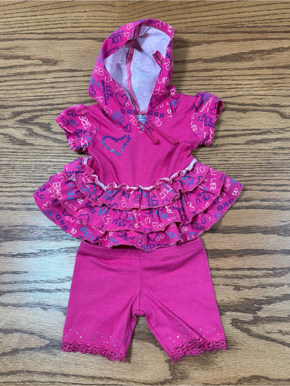 Build a Bear BABW Pink Hooded Ruffle Top and Shorts Outfit 2010